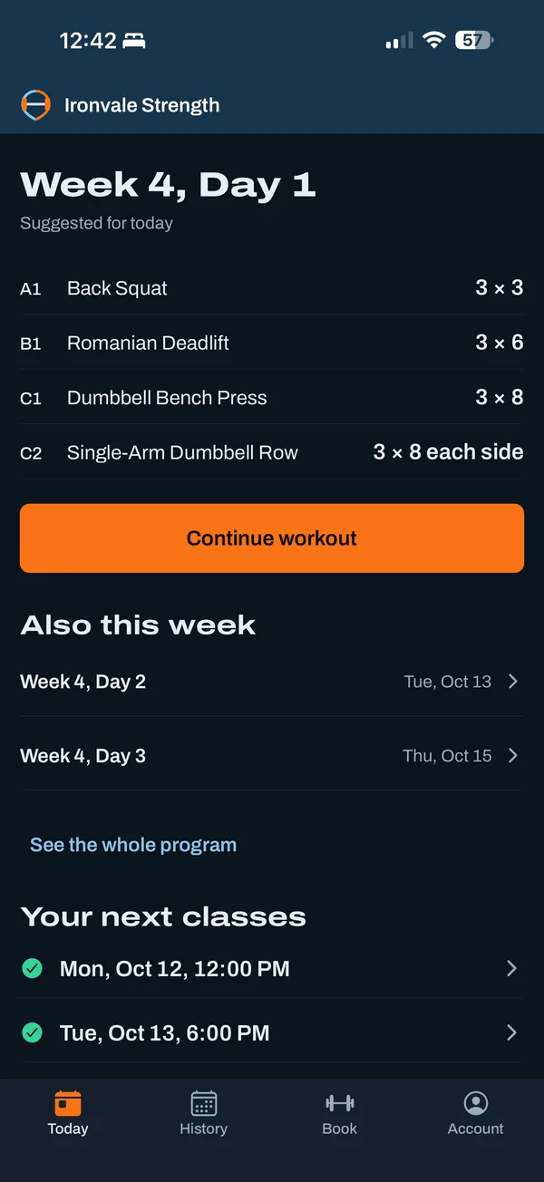 The Today screen at a gym: week 4, day 1 of the program, four exercises with their sets and reps, a Continue workout button, and the next two classes booked.